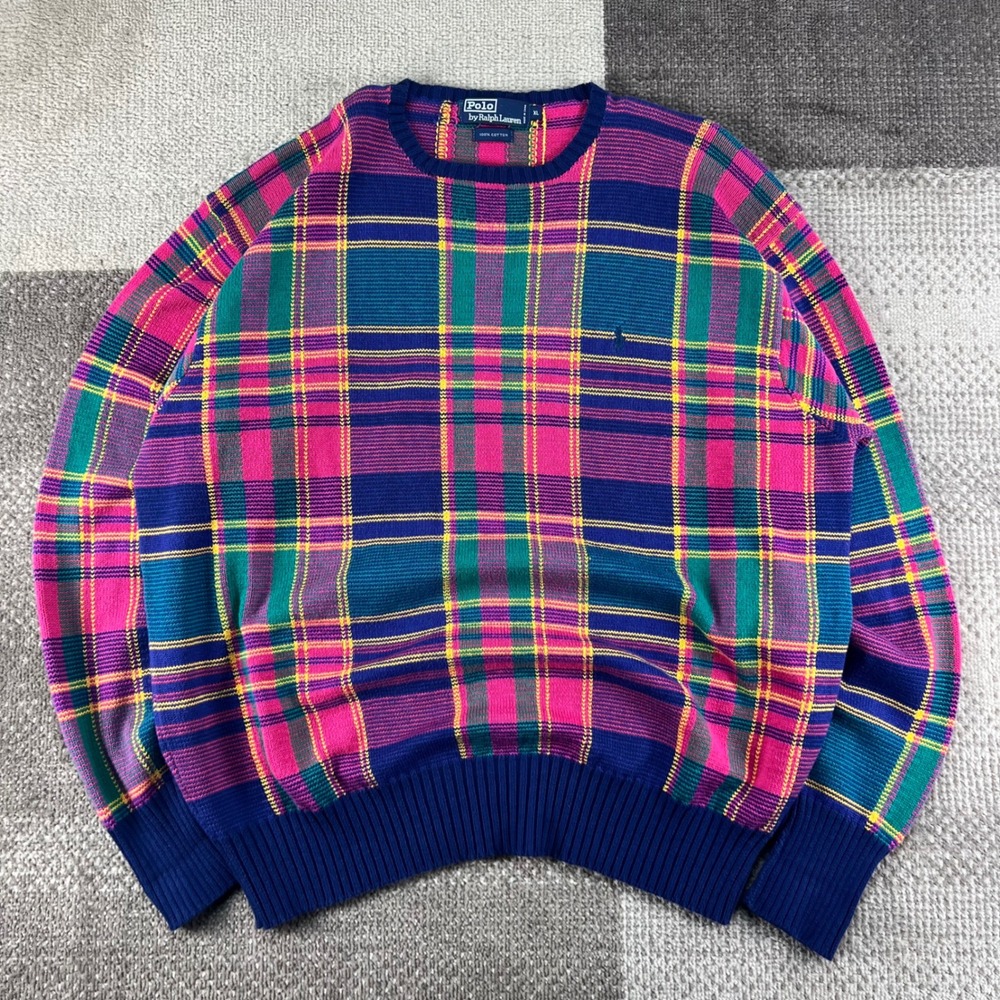 Vintage Polo Ralph Lauren Mens XL Plaid Knit Crewneck Sweater Pink Blue Green